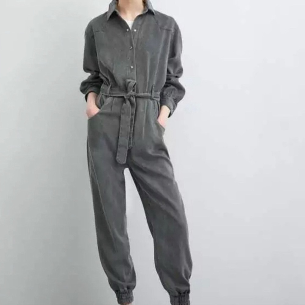 NWT Zara Grey Jumpsuit buttoned with waist tie and elastic hems, Small - Picture 2 of 14